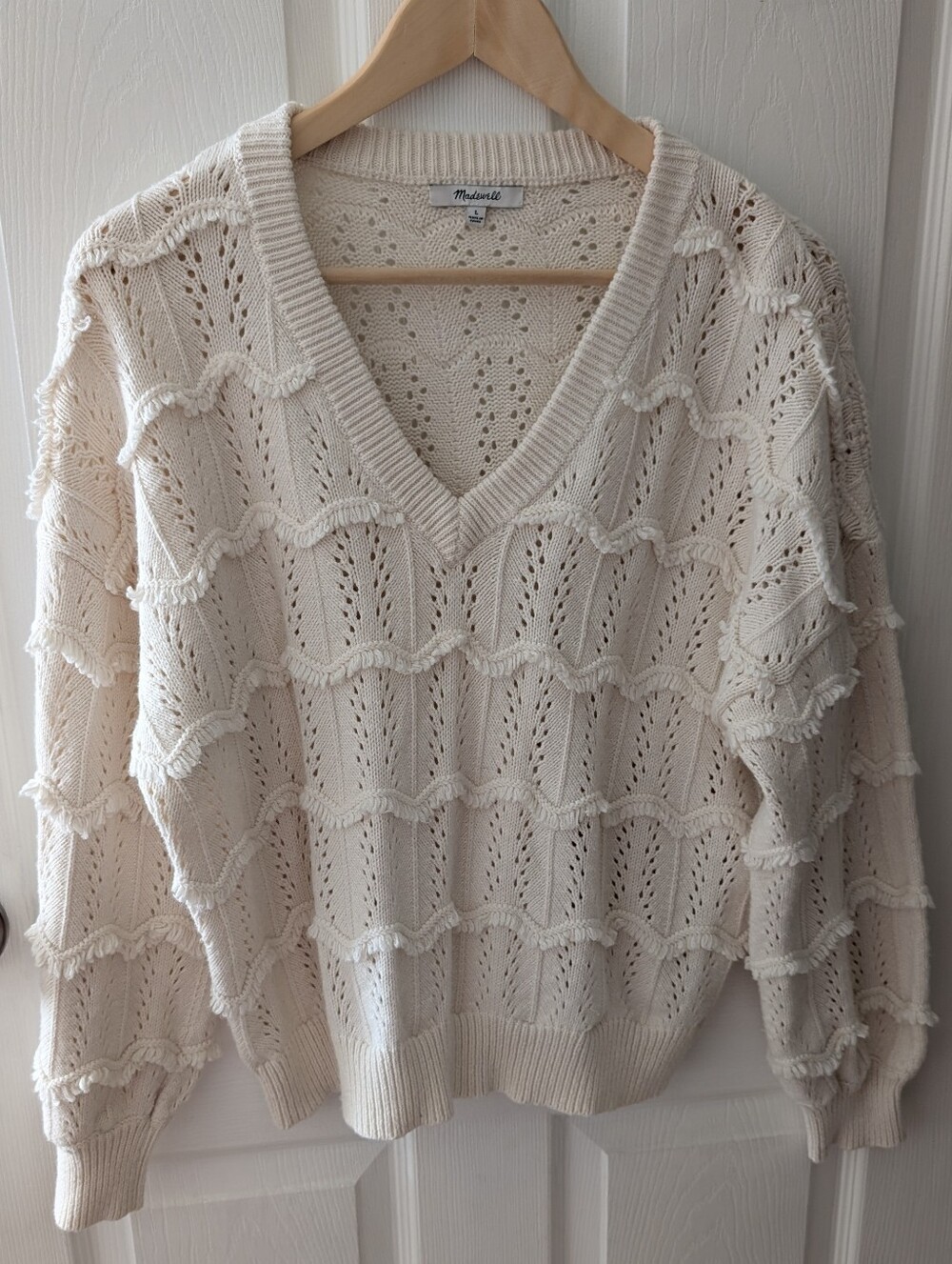 Madewell Ivory Open-Knit V-Neck Sweater with Ruffle Rows - Light Academia